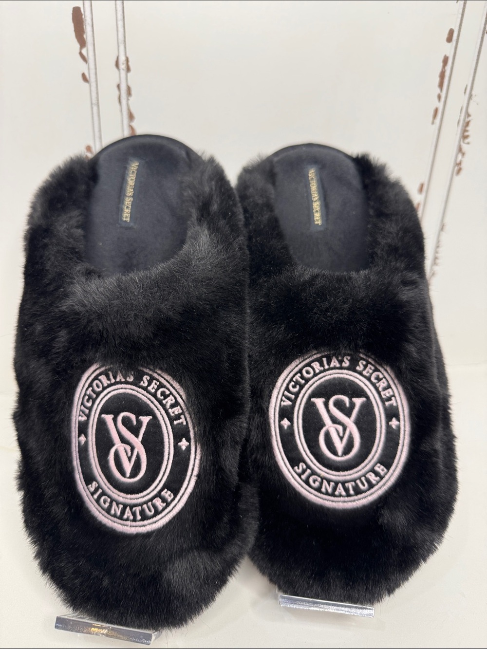 Victoria's Secret Black Faux Fur Slide Slippers with Pink Signature Emblem